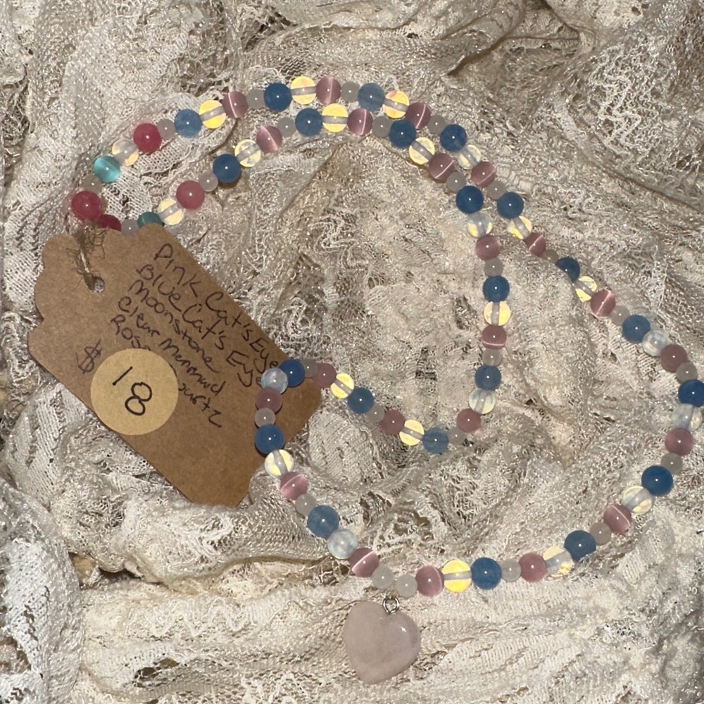 Candy Heart Necklace (Pink & Blue Cat Eye,Moonstone,Rose Quartz & Aquamarine